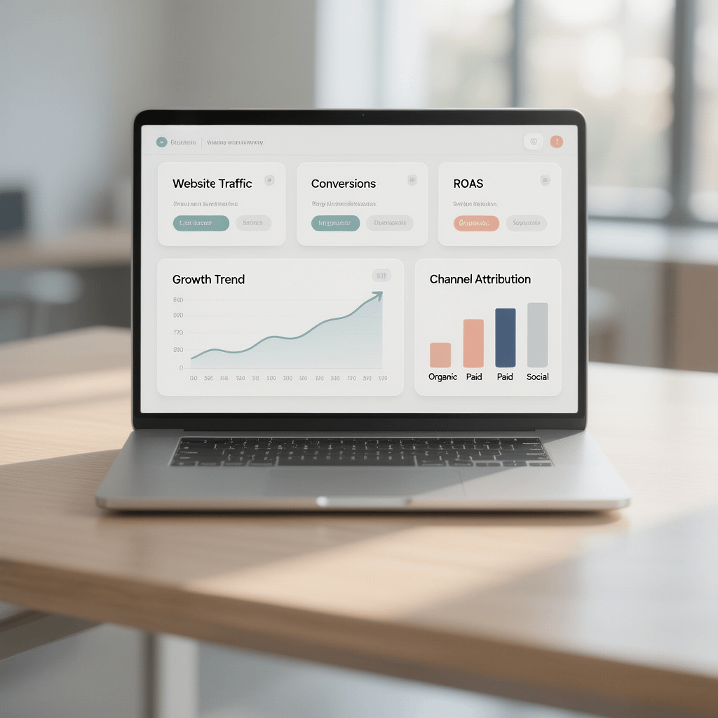 Digital marketing dashboard visual showing growth metrics and channel performance