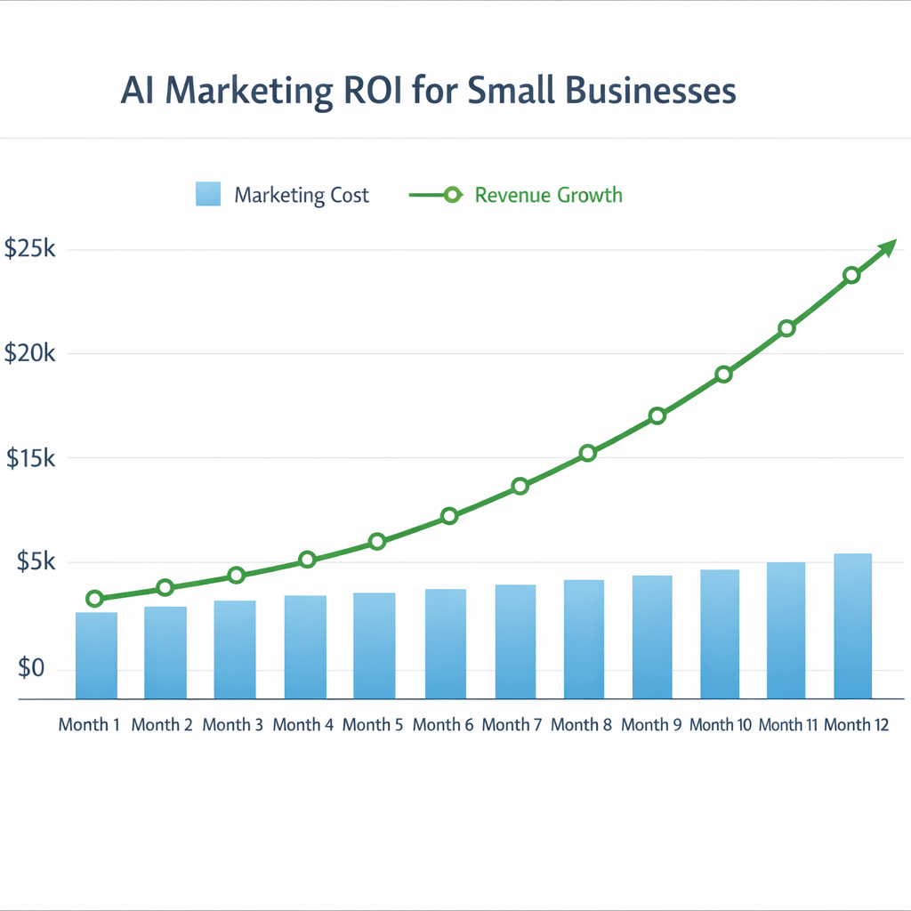 AI Marketing ROI Chart for Small Business AI marketing ROI comparison chart showing cost savings and revenue growth for small businesses