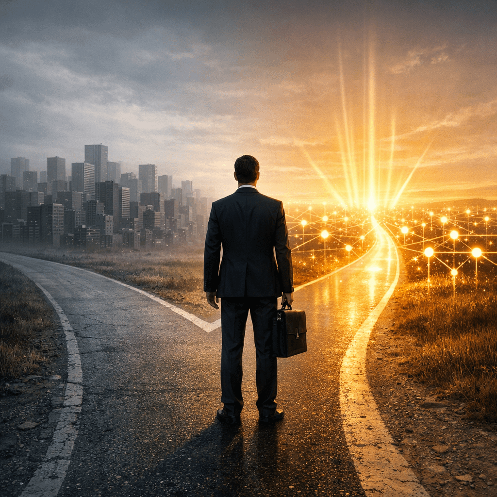 Escaping the Financial Treadmill A person looking at a digital horizon representing the middle class trap and financial freedom