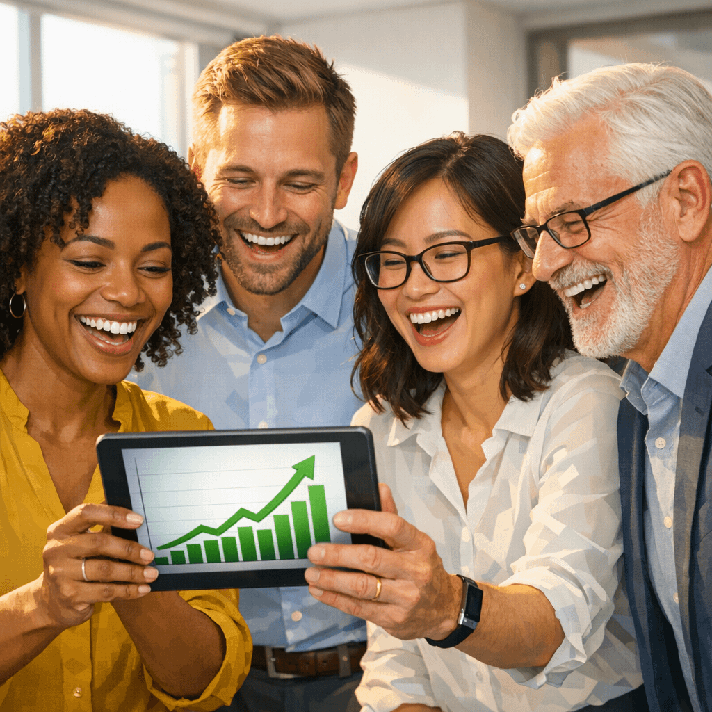 Success is Possible A group of diverse professionals celebrating financial freedom and escaping the middle class trap