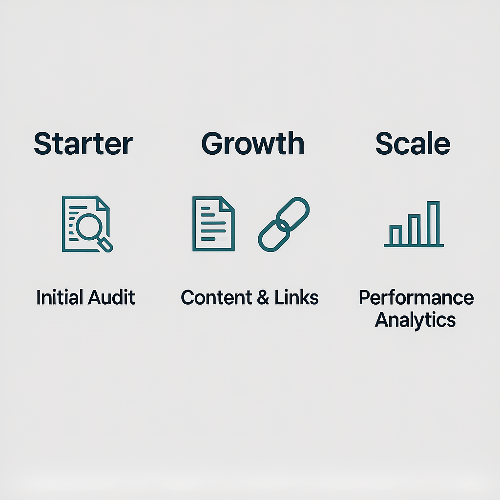 SEO Services Packages Visual comparison of seo services packages from starter to scale