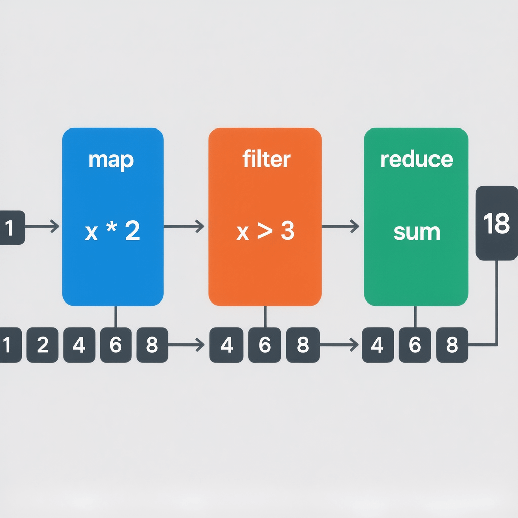 Map, Filter, Reduce diagram Diagram showing how map, filter, and reduce transform arrays step by step