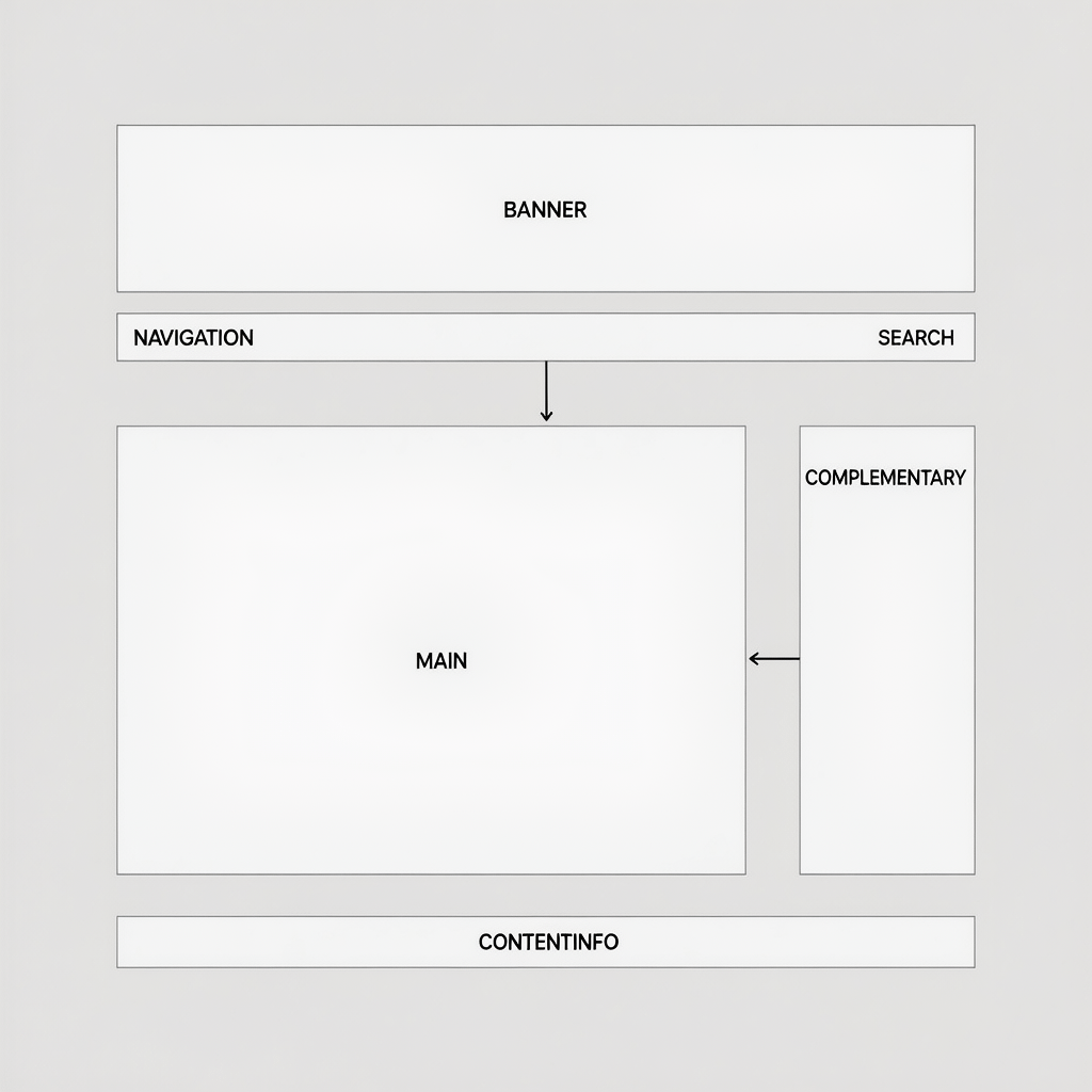 Landmark Roles Layout Wireframe showing banner, navigation, main, complementary, and footer landmark roles