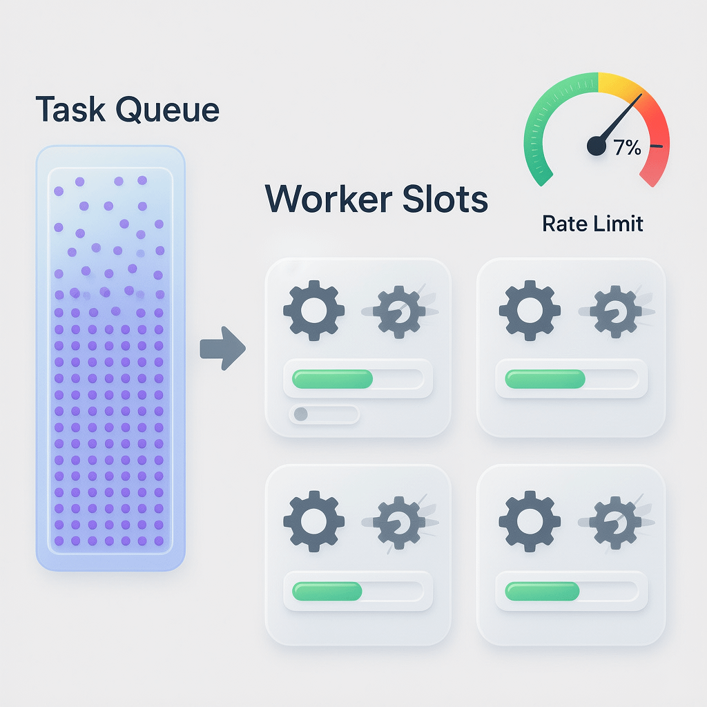 Concurrency Limiter for Async Work Illustration of a queue with limited workers to prevent common async/await errors with rate limits