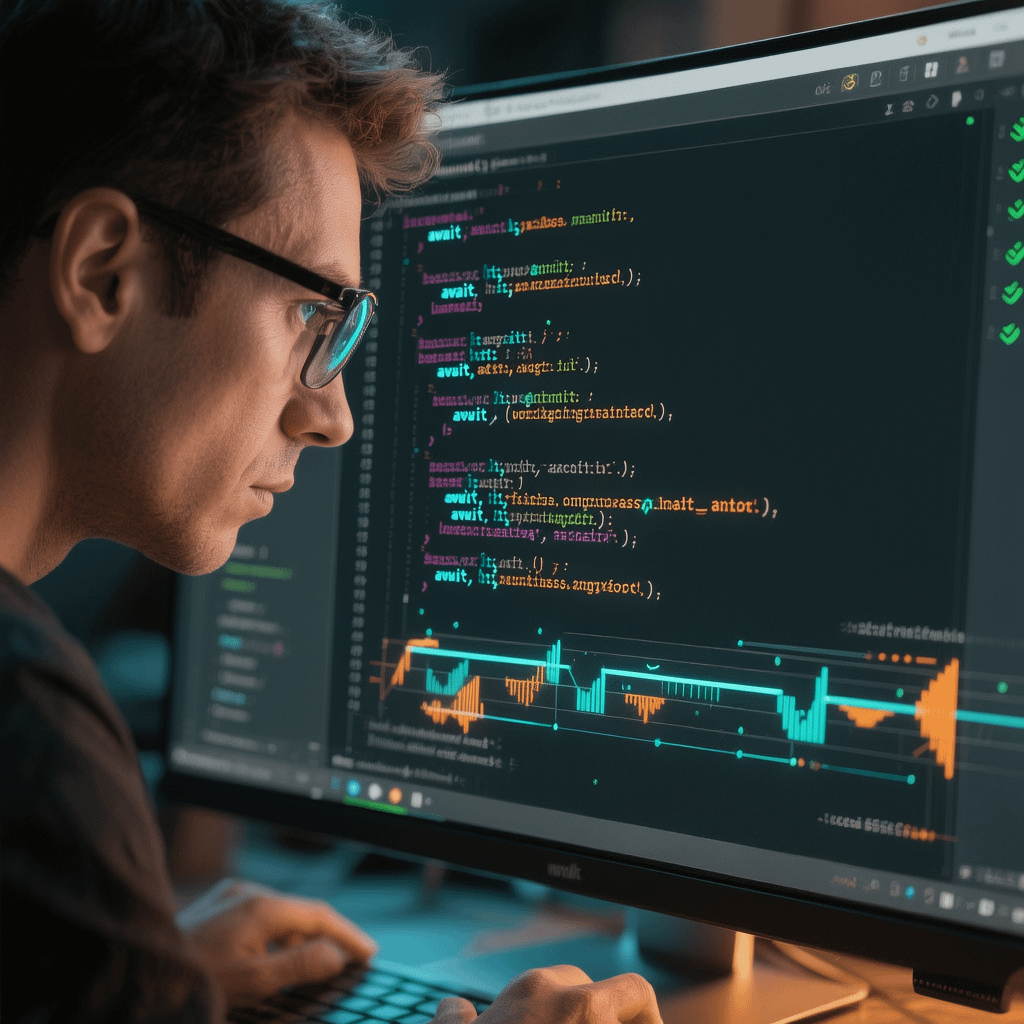 Debugging Common Async/Await Errors - Feature Feature illustration showing a developer debugging common async/await errors with clean code and timelines