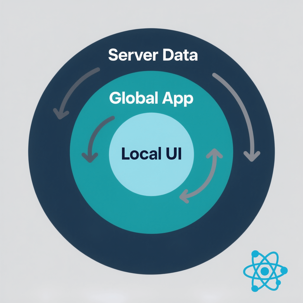 Layers of React State Layers of app state including local UI, global app state, and server data for state management in React without Redux
