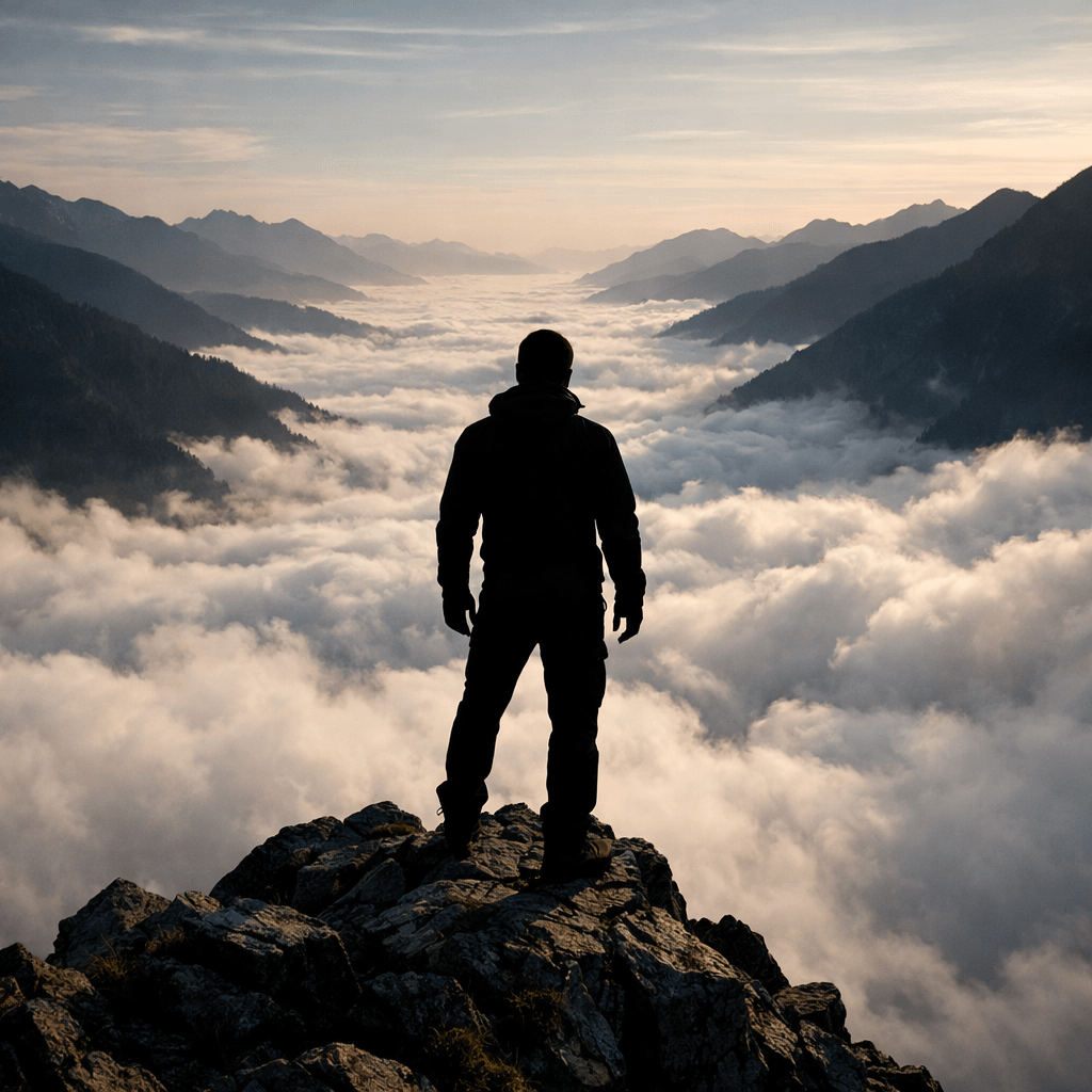 The View from the Top A person standing on a mountain peak looking at a city below, signifying the escape from the middle class trap