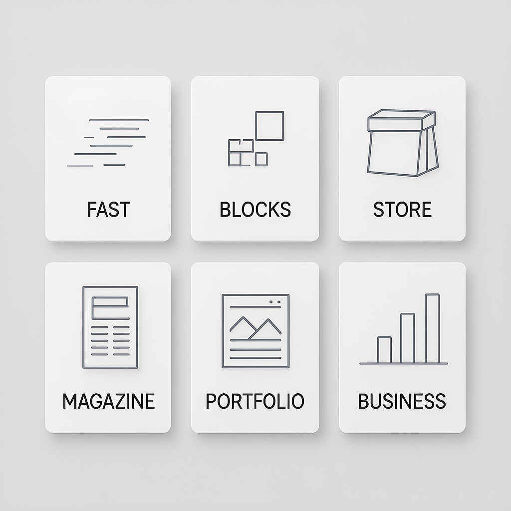 Theme Categories Grid Categories of wordpress themes laid out in a simple grid