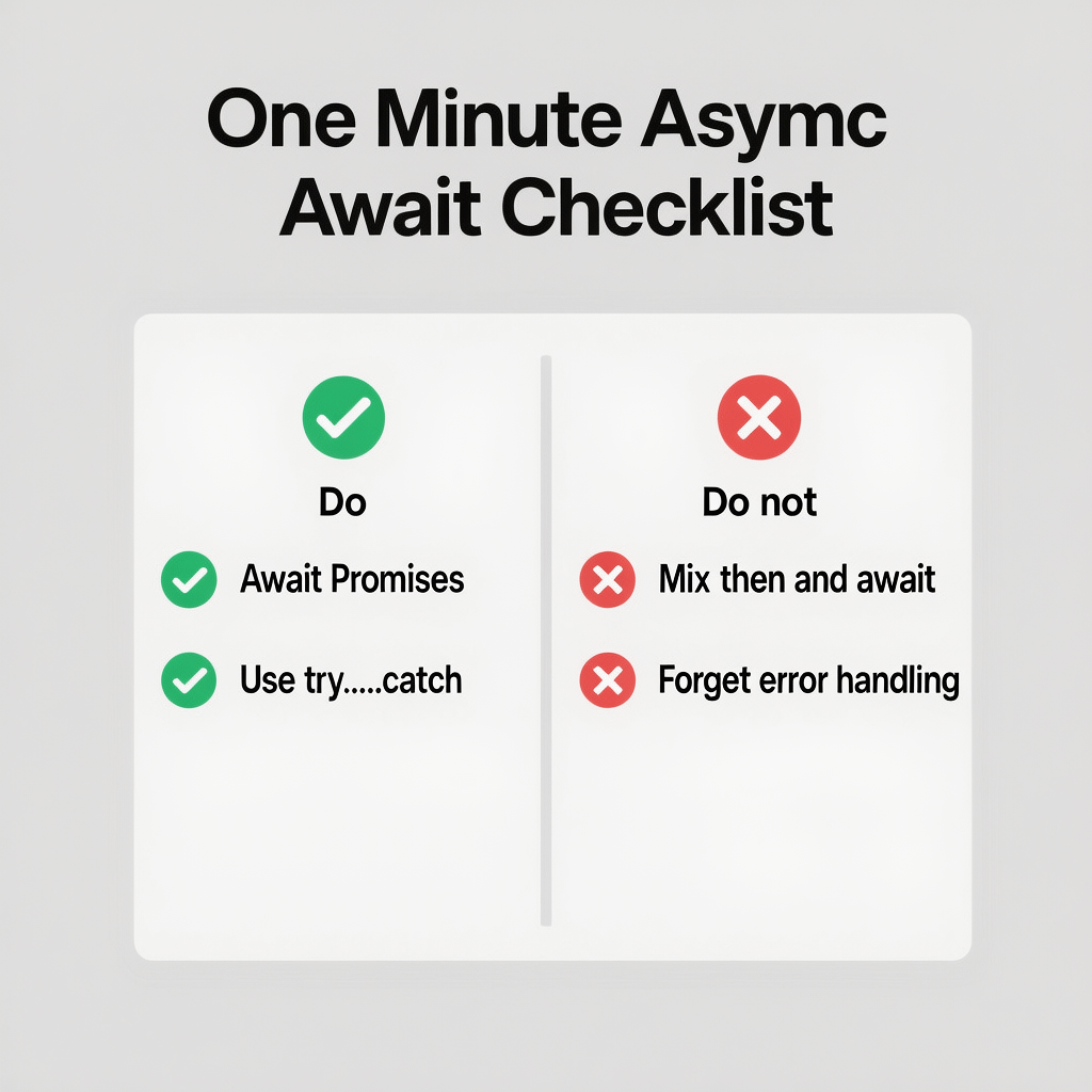 Async Await Error Fixes Recap Quick checklist graphic summarizing fixes for common async/await errors