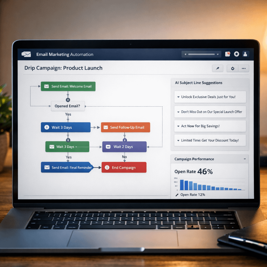 AI Email Marketing Automation for Small Business AI email marketing automation interface showing segmentation and campaign performance metrics