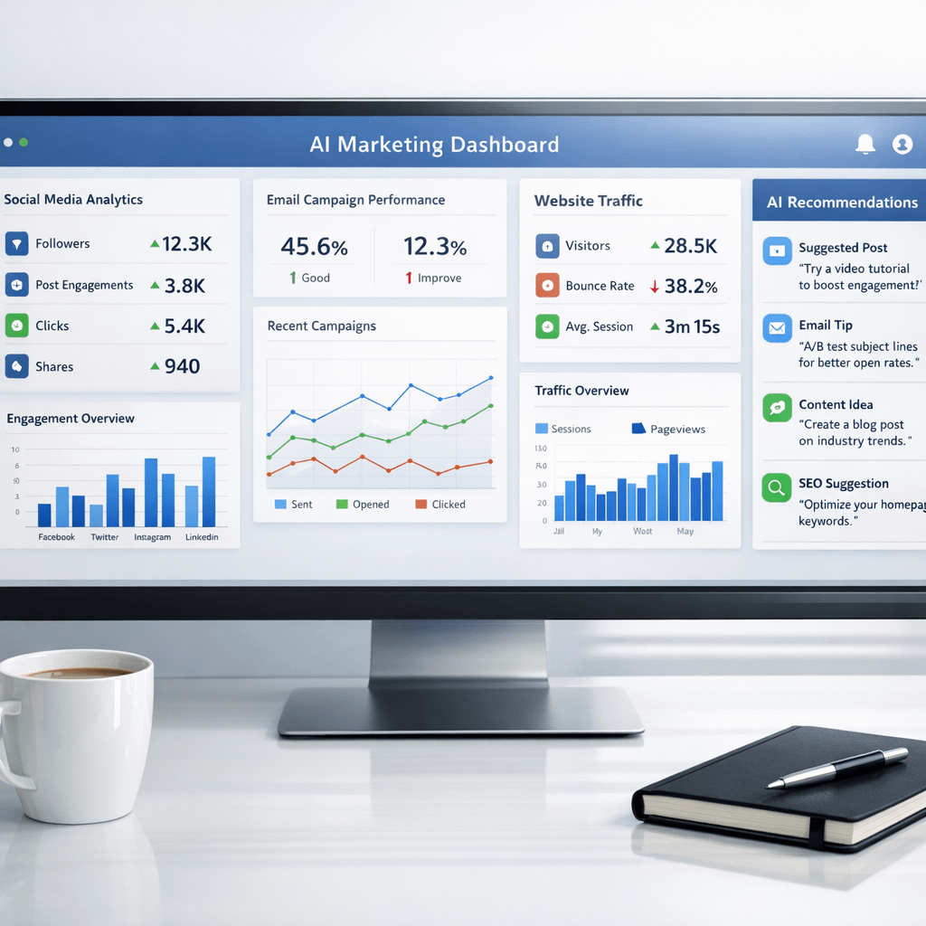 AI Marketing Tools Dashboard Overview AI marketing tools dashboard showing analytics and automation options for small business