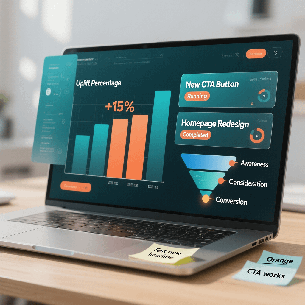 Conversion rate optimization dashboard with uplift trend and experiment cards