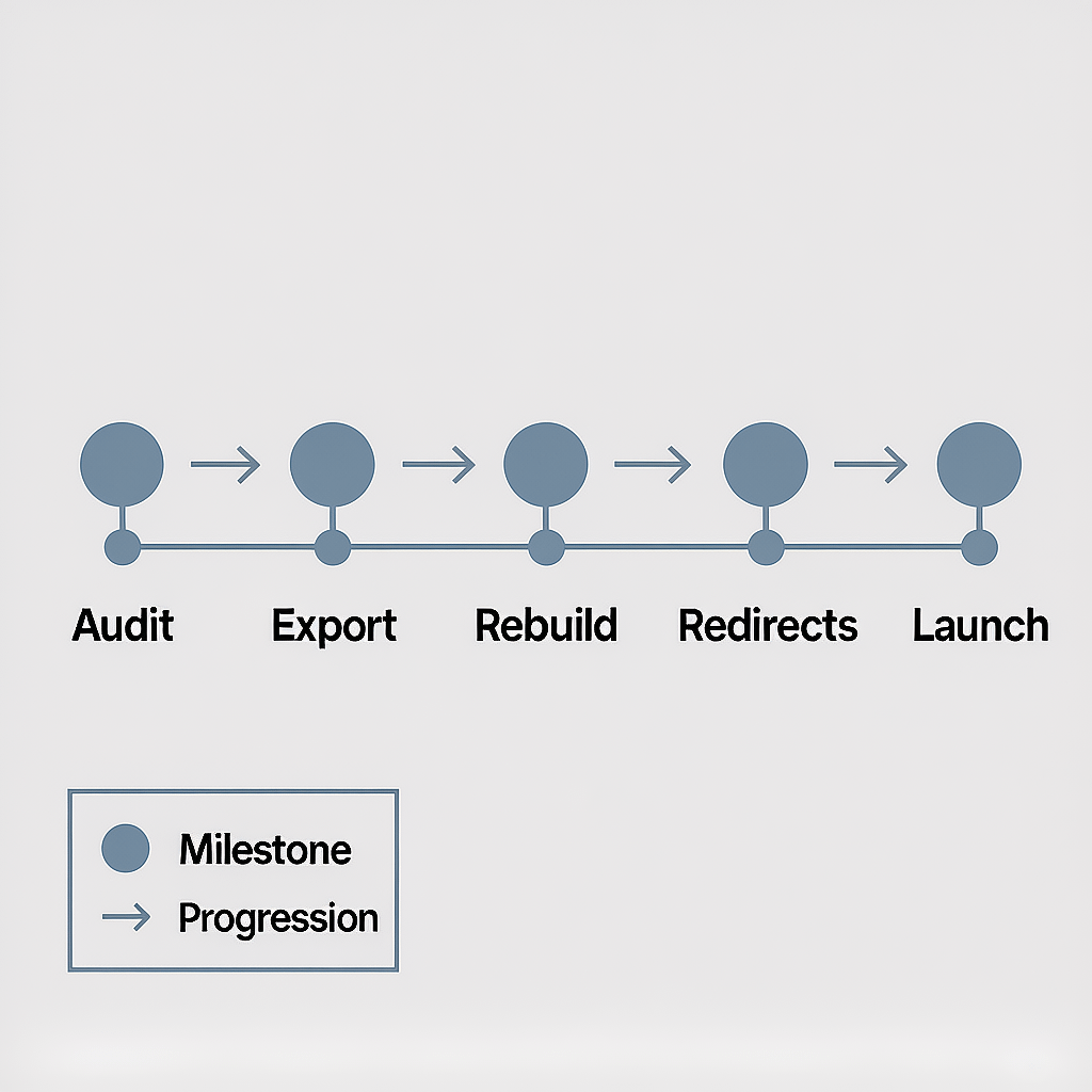 Website Builder Migration Roadmap Migration roadmap from a website builder to WordPress with redirects and QA