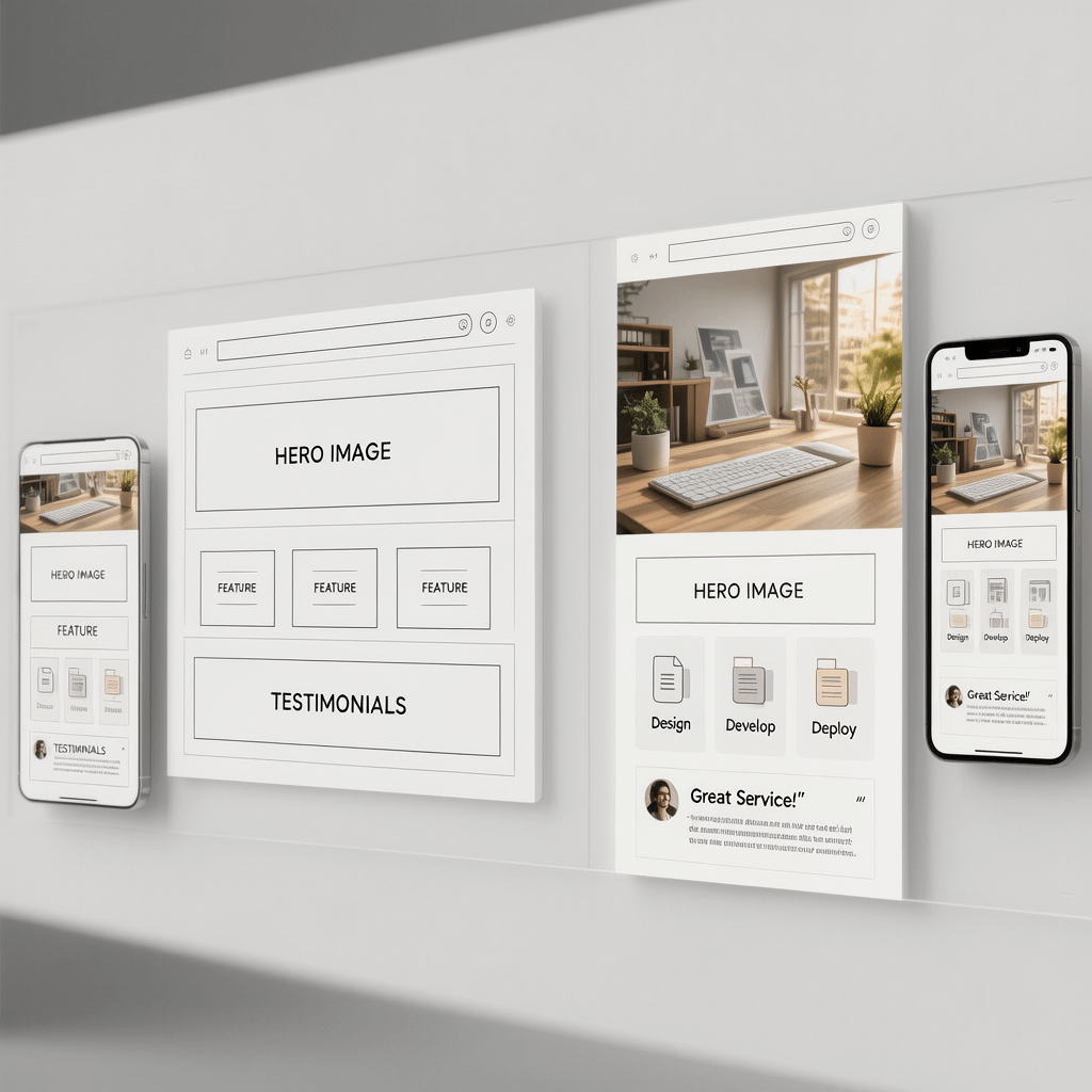 Wireframe vs Final Layout Wireframe next to final screen for an affordable website layout