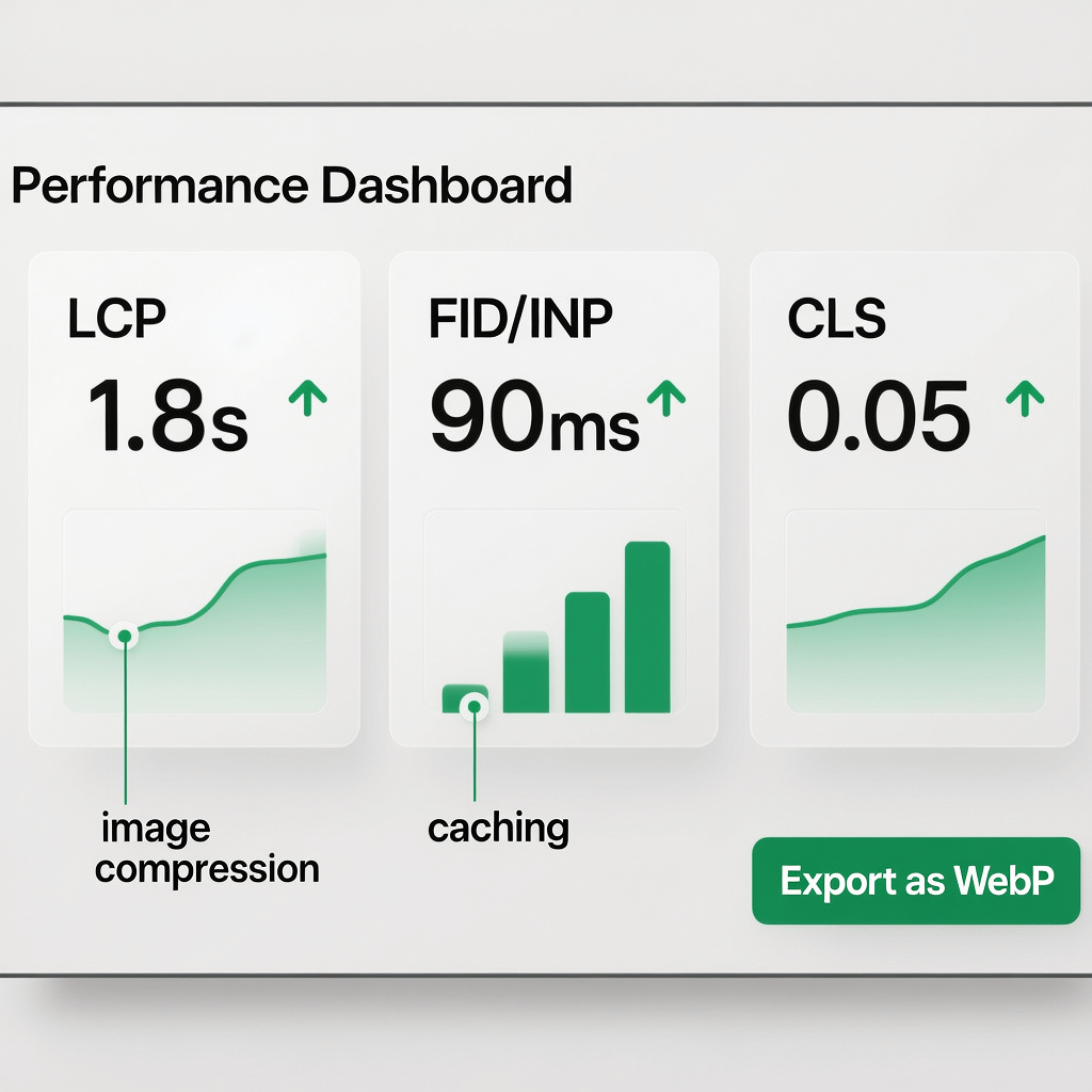 Core Web Vitals gains from performance tuning Core Web Vitals dashboard showing improved LCP and CLS after image compression and caching