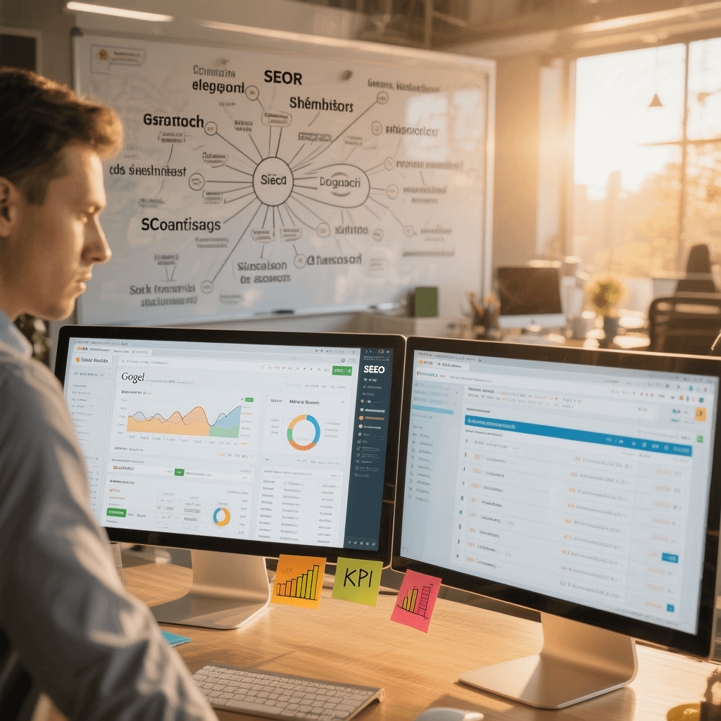 SEO specialist planning a data driven growth strategy with analytics dashboards on screen