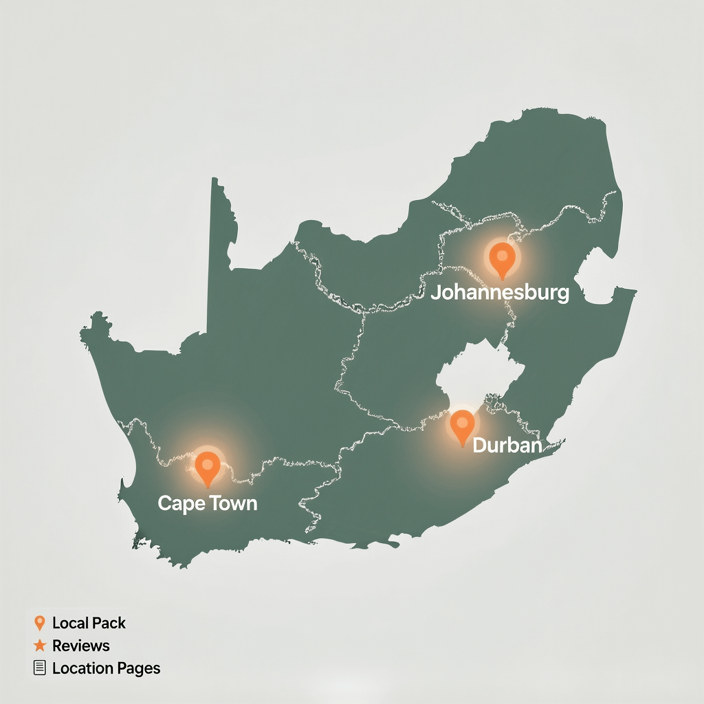 Local SEO hotspots in South Africa South Africa map illustrating local SEO hotspots in Johannesburg, Cape Town, and Durban