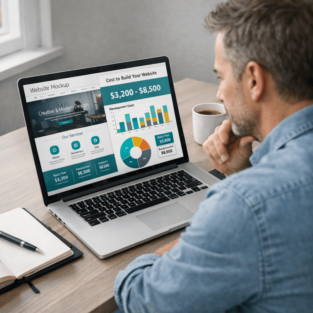 Business owner calculating the cost to build a website on a laptop with financial charts