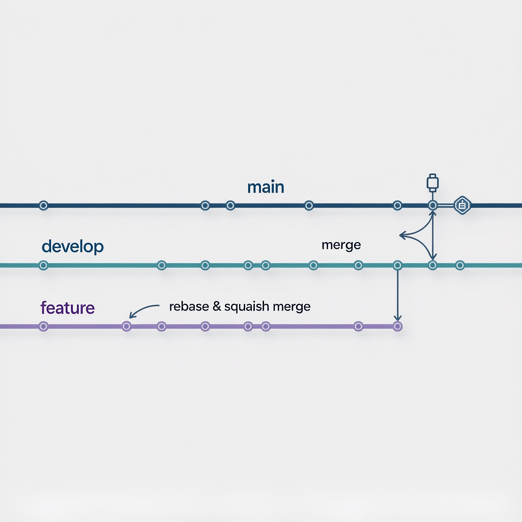 Diagram showing a clean Git workflow for solo developers with main, develop, and feature branches