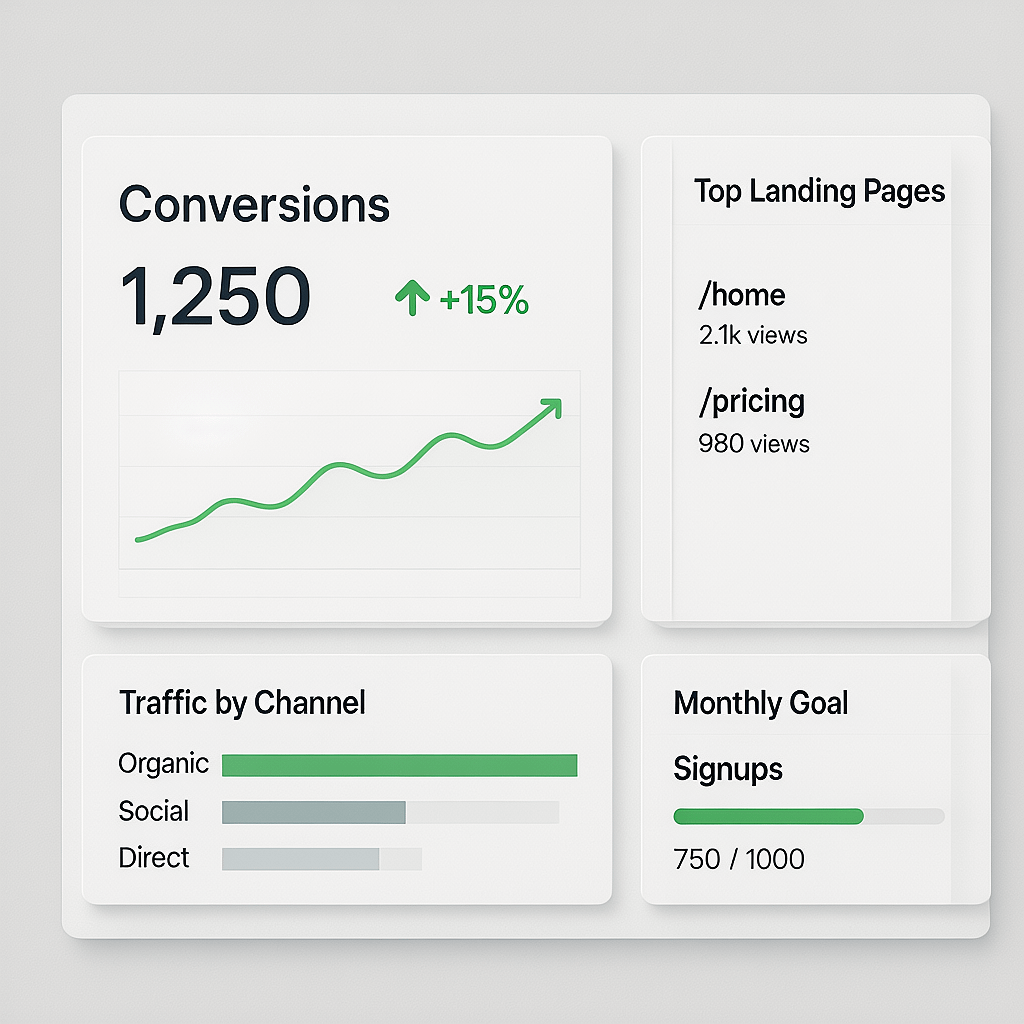 Simple Analytics Dashboard with Goals Analytics dashboard showing conversions, traffic sources, and top landing pages
