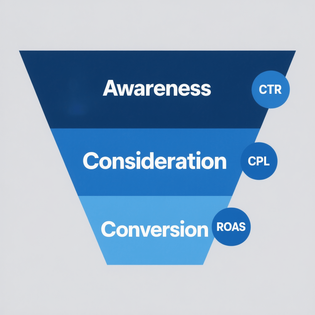 Full Funnel PPC Framework Visual framework of PPC funnel from awareness to conversion with example metrics