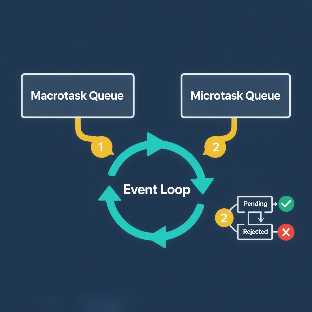 Promise Lifecycle and Event Loop Diagram of a promise lifecycle, microtasks, and event loop ordering for common async/await errors