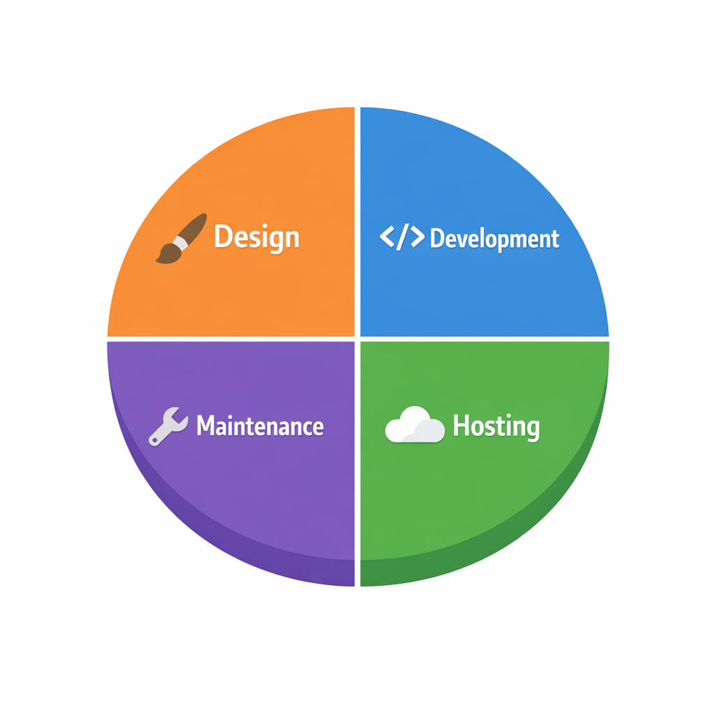 Website Cost Breakdown Pie chart style illustration breaking down the cost to build a website into design, development, hosting, and maintenance