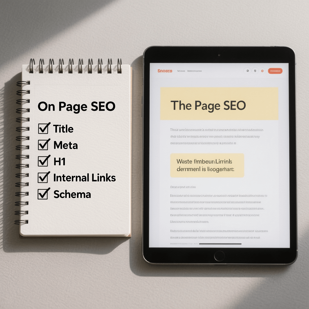 On Page SEO Checklist On page SEO checklist with headings, titles, meta descriptions, and internal links for a website development checklist for small business SEO