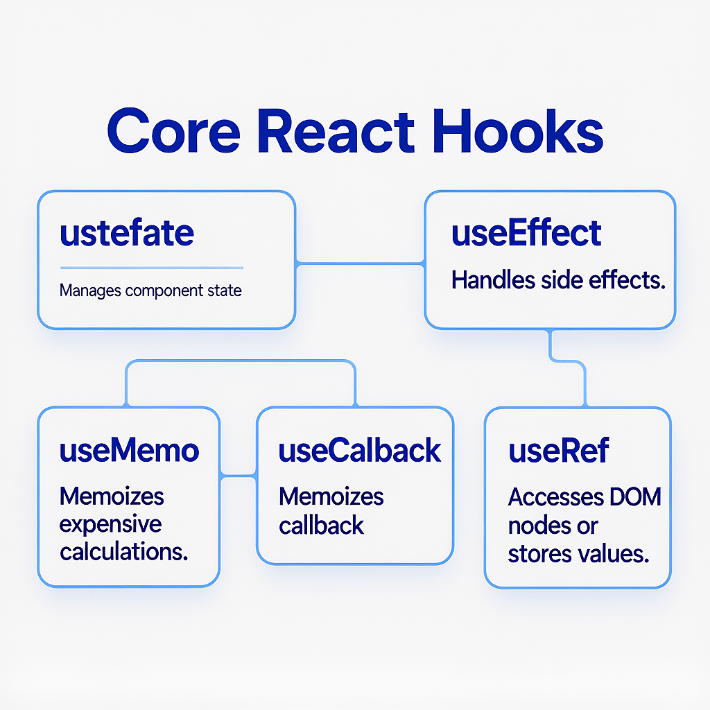 Key Hooks Overview Overview illustration of key React hooks for a react functional component cheat sheet