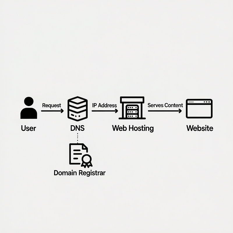 Domain, Hosting, and DNS - How They Work Together Diagram showing how domain, hosting, and DNS connect a website to users
