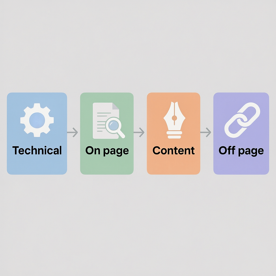 SEO Audit Checklist Diagram Illustrated seo audit checklist flow with technical, content, and off page steps