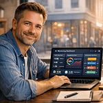 Affordable AI-integrated marketing for small business owner working on laptop with AI dashboard
