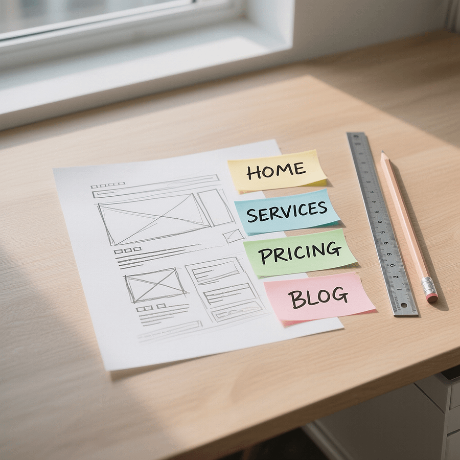 Website Architecture and UX Planning Wireframes and sticky notes mapping a website architecture and navigation