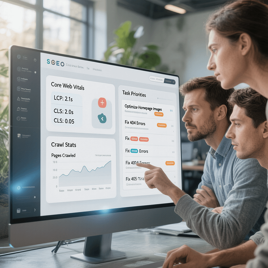 SEO Audit - Free Scorecard and Full Service Website team reviewing a seo audit report with charts and task list
