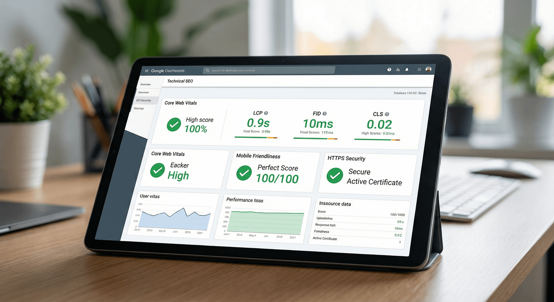 Technical SEO Monitoring A dashboard showing technical SEO performance metrics